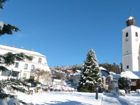 Gemeindeamt + Pfarrkirche (Copyright: Karl Gradwohl), © Wiener Alpen in Niederösterreich - Bad Schönau